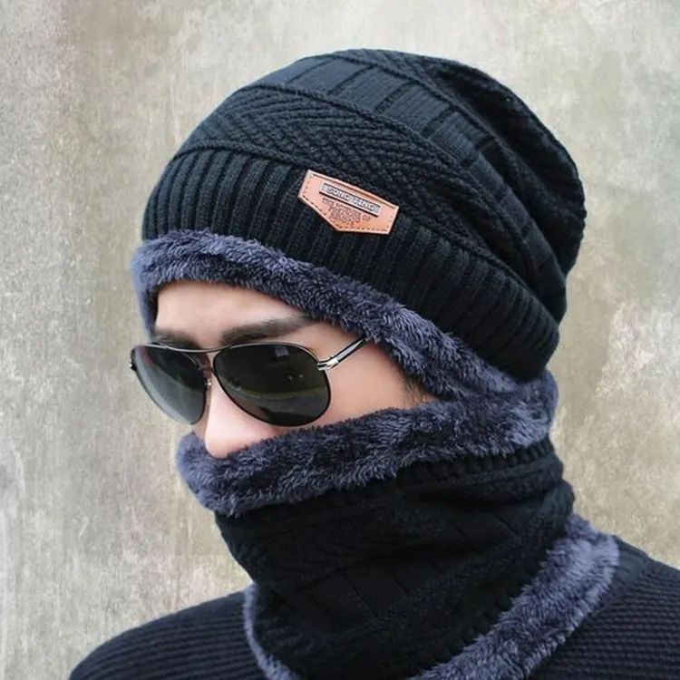 2pc Winter Cap Beanie Hat Cap Neck Warmer Scarf Set Fleece Lined Skull Cap and Scarf Unisex Hat & Scarf Set Stylish Knit Skull Cap for Men Women